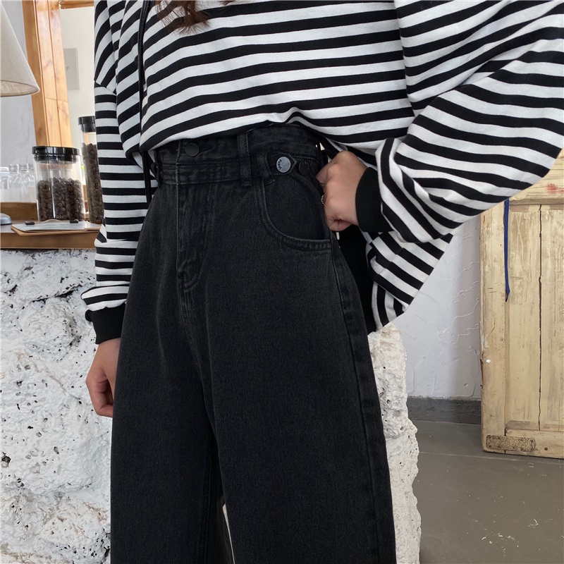 Jeans hitam loose wanita high waist Korea style celana panjang