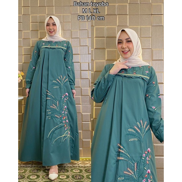Gamis Karina Bordir Motif Bunga Katun Toyobo Busana Muslimah Wanita