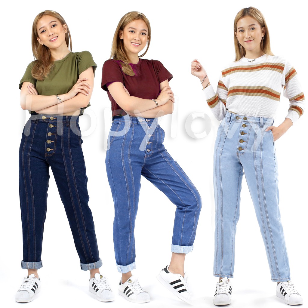 HOPYLOVY Celana  Boyfriend  Jeans  Wanita Button Finola 