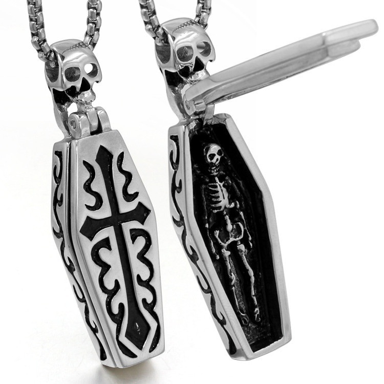 Men Fashion 316L Stainless Steel Vintage Steampunk Coffin Vampire Skull Human Skeleton Gothic Pendant Necklace With Chain Black + Silver