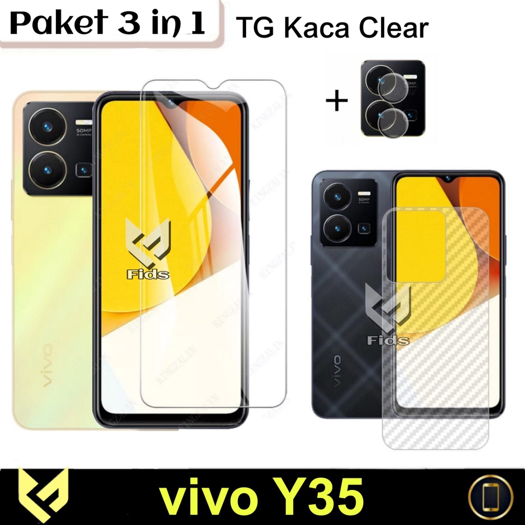 NEW PROMO Paket 3IN1 Screen Guard For VIVO Y35 2022 / VIVO Y16 2022 / VIVO Y22 2022 Anti Gores Layar Clear Free Lens Camera Belakang &amp; Skin Carbon Anti Gores Jamur Body Belakang Handphone