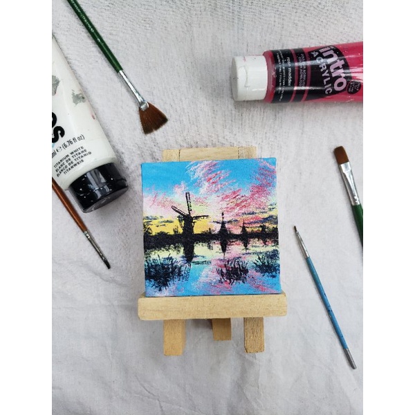

Mini Canvas Painting: Sunset Winmills