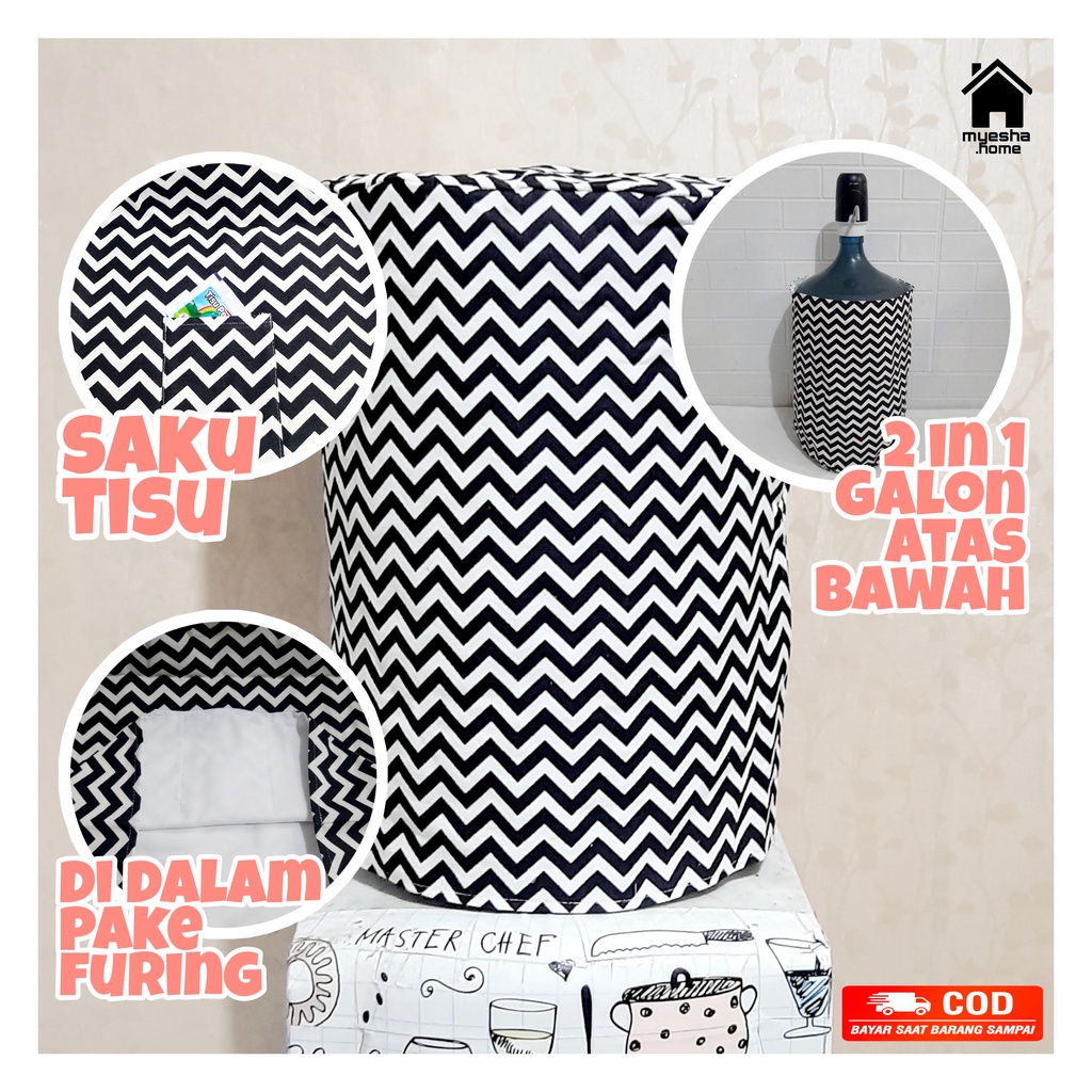 Cover Galon Dispenser Atas Sarung Galon Dispenser Bawah Motif Wave Black