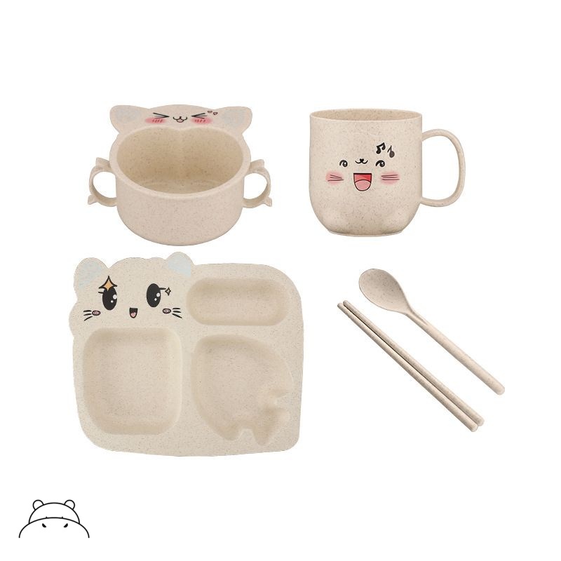 Wheat Straw Cutlery Set / Alat Makan Anak Set 5 Piring Gelas Mangkok Sendok Sumpit Jerami Gandum