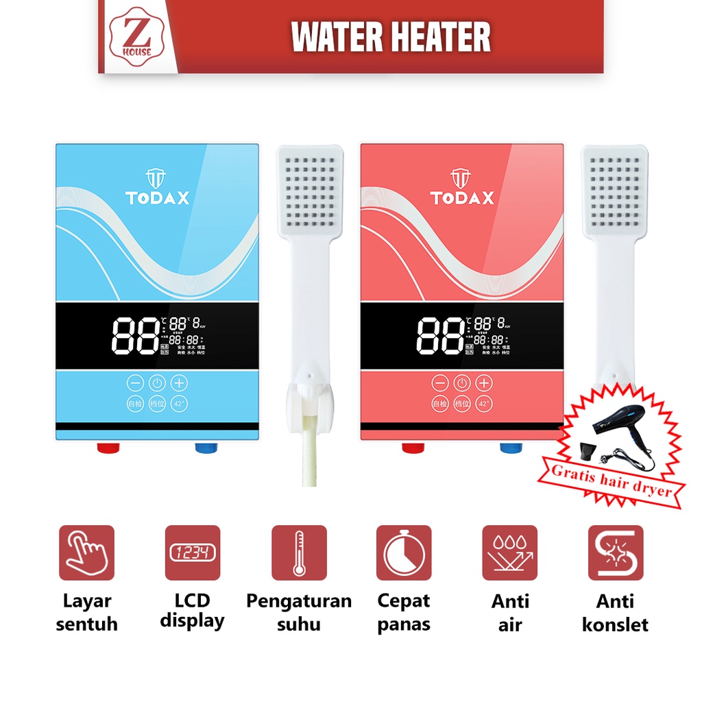 Water Heater Electric Instant Todaax Pemanas Air Digital Listrik Instan Komplit Pemanas Air Mandi Pemanas Air Kamar Mandi Penghangat Air Kamar Mandi Warna Merah/Biru