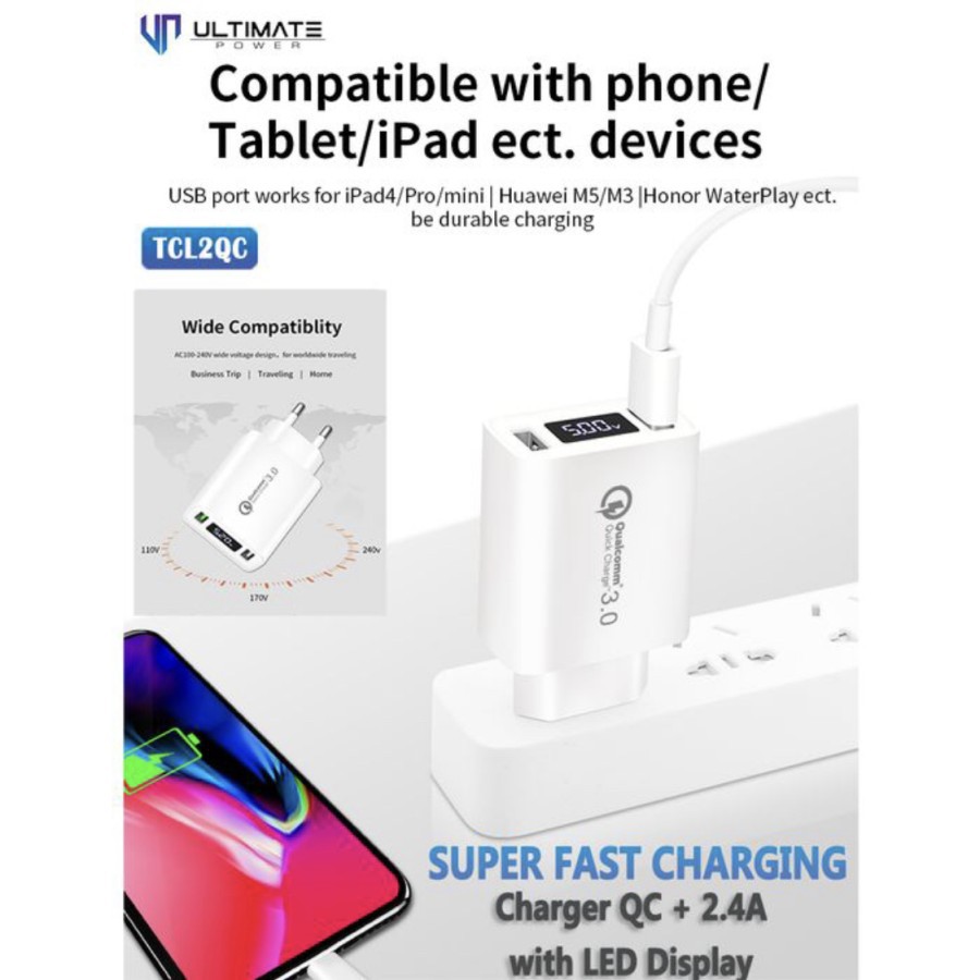 Ultimate TCL2QC 30W Super Fast Charging Charger QC3.0 + 2.4A with LED