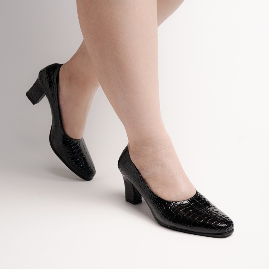 HEELS PANTOFEL BIG SIZE sepatu formal wanita ukuran jumbo-besar 41-45 kulit hitam croco serat buaya hak tahu 5cm