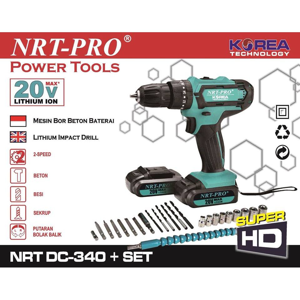  mesin bor cordless set Impact drill 20V Lithium NRT Pro 