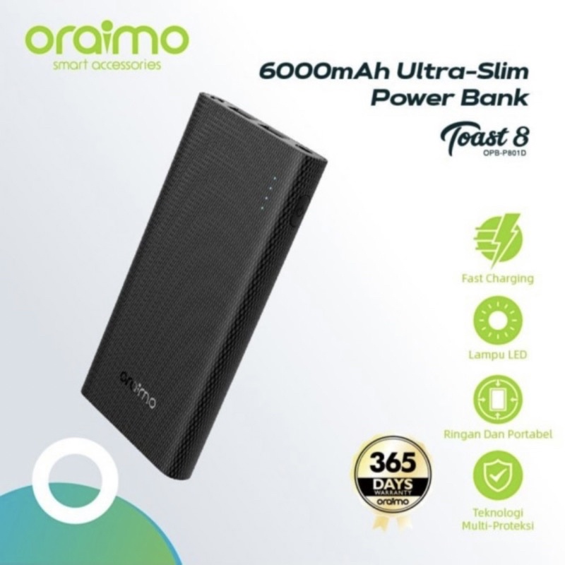 Oraimo OPB-P801D Super Slim Dual Port USB Fast Charging 8000mAh Powerbank - Garansi 1 Tahun