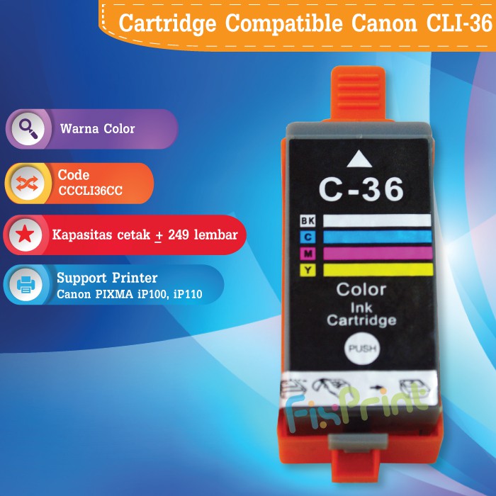 Cartridge Tinta Compatible Canon Plus Chip CLI-36 CLI36 CLI 36 C-CLI36 CL36 CL 36 Tri-Color