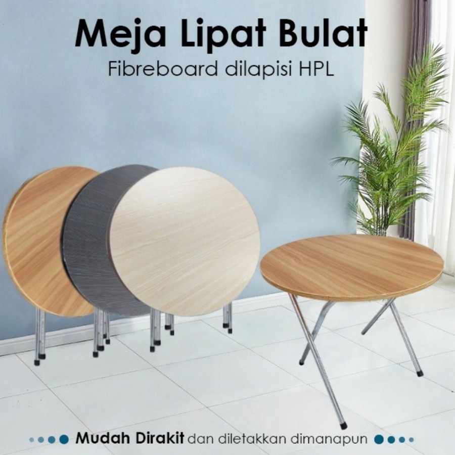 Meja Lipat Model Bulat HPL Cafe Table Makan Serbaguna Dekorasi Rumah