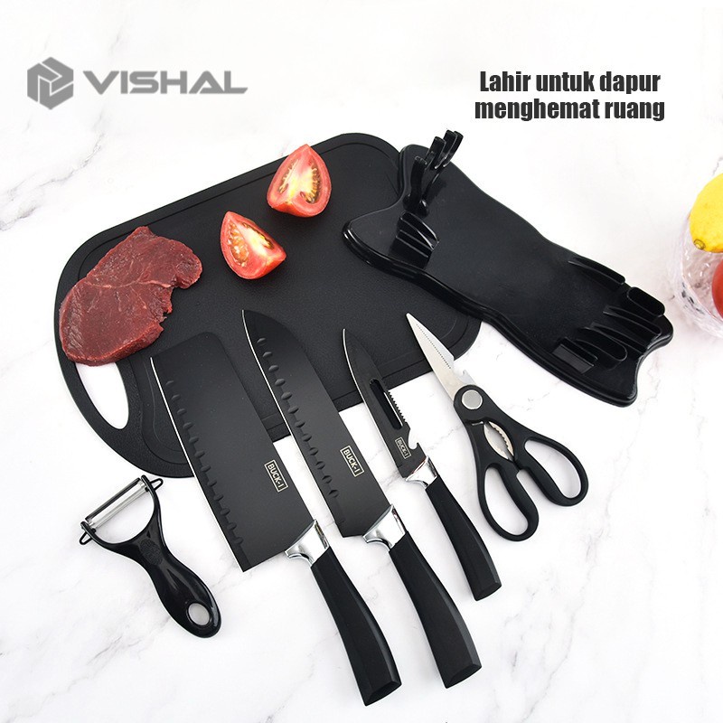 VISHAL Pisau Dapur 1 Set Tajam Hitam Knife Set Pisau Dapur isi 7Pcs Dengan Talenan VS-21
