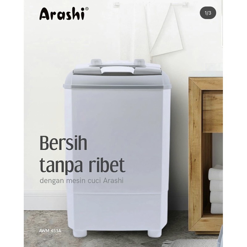 ARASHI Mesin Cuci Portable 4,5KG AWM 451A/452A | Bonus Tabung Pengering, Kapasitas Air 25 Liter, Daya 200 Watt, Design Compact, Timer, Tegangan 220V AC