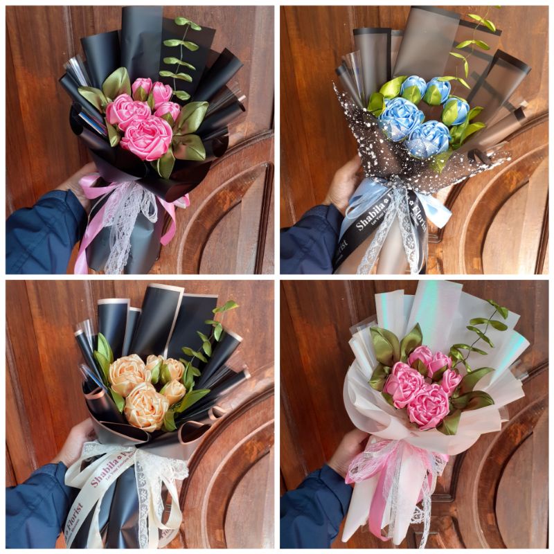 BUKET BUNGA 5 MAWAR – Buket Bunga Palsu Pita Satin MINI/ Buket Wisuda MINI