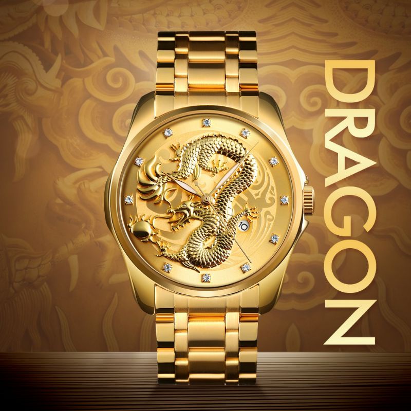 SKMEI Jam Tangan Analog Pria Desain Dragon + kotak + kartu garansi - GOLD