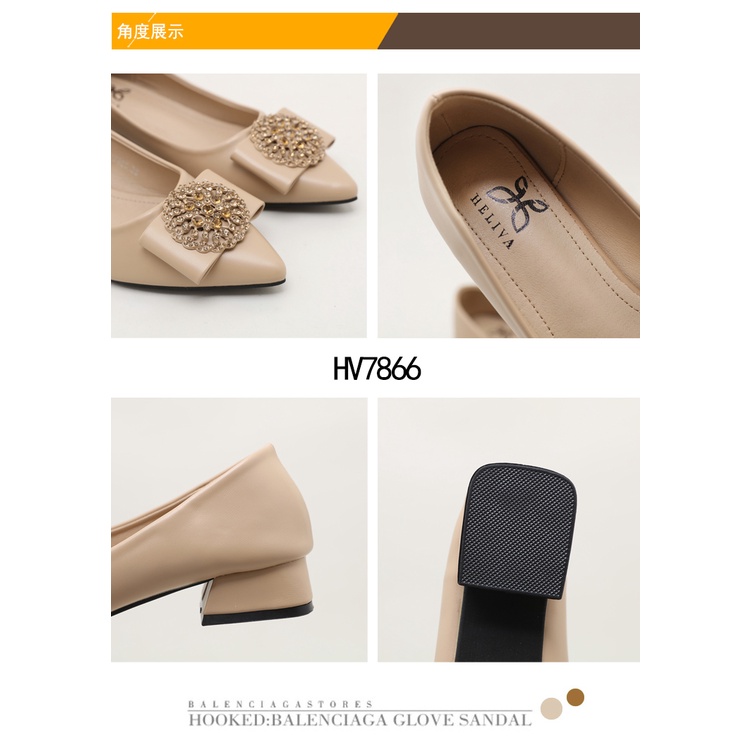 HELIVA CELCI Block Low Heels 3cm Bow Sepatu Lancip Bahan Kulit HV7866 Original Brand