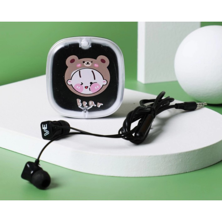 [XY-48] Set Headset Earphone Motif CEWEK KOSTUM CUTE / Wadah Earphone Kotak Transparan Kartun Anak