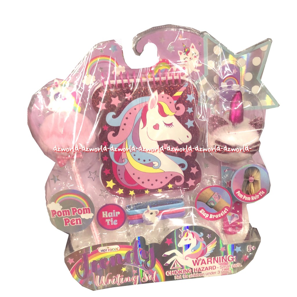 Hot Focus Trendy Writing Set Unicorn Pom Pom Pen Mainan Peralatan