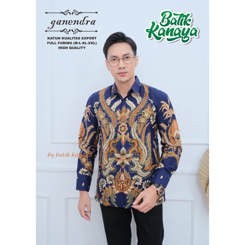 Kanaya - Kemeja Batik Pria Lengan Panjang Full Furing Bahan Katun Kualitas Ekspor Ganendra Warna Dasar Navy Dongker