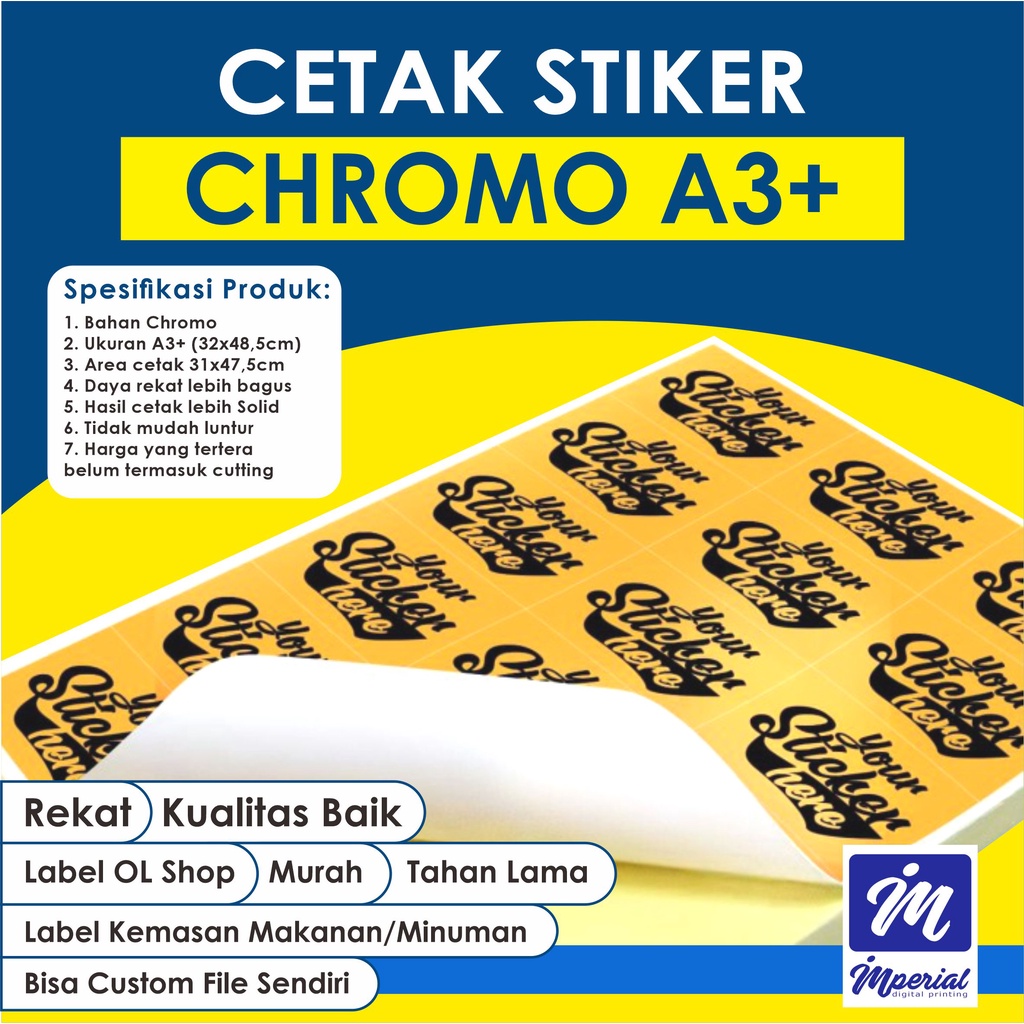 

Cetak Stiker Chromo A3+ Custom / Label Olshop / Kemasan Makanan / Minuman / Packaging / Tahan Lama / Kualitas Baik