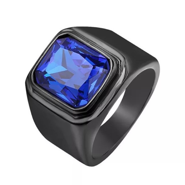 Cincin Pria Octagon Royal Blue Saphire Akik Safir Biru Ring Black Gun Titanium Stainless Steel Anti Luntur dan Karat