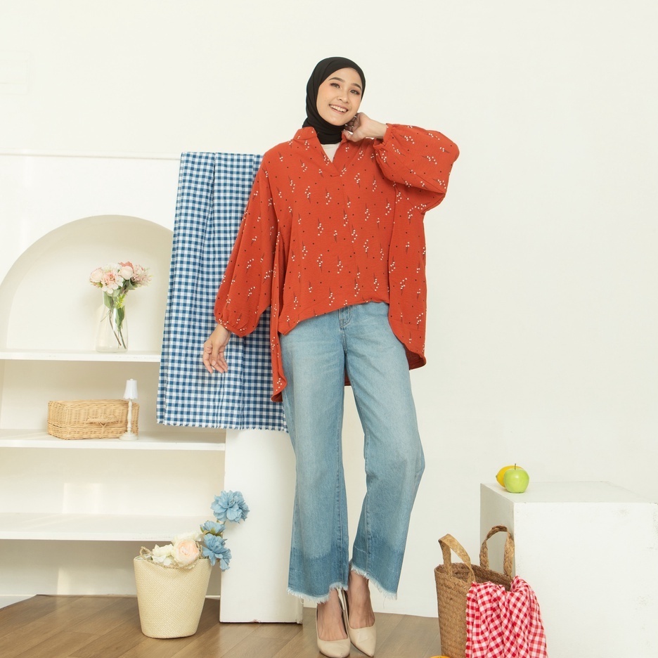 Sakura Vneck Shirt Blouse Kemeja Oversize / kemeja kantor / kemeja korea / kemeja oversize / blouse oversize / kemeja crinkle