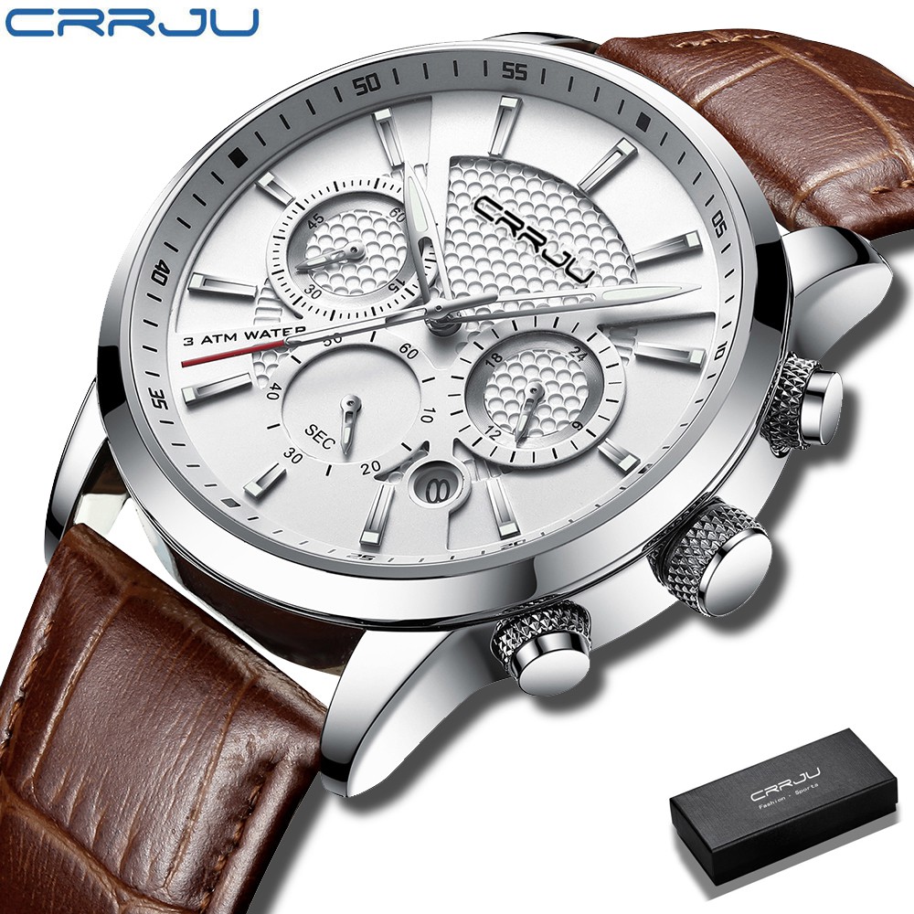 CRRJU Date Chronograph Leather Jam Tangan Pria Sport Waterproof Quartz Watch 100% original 12 months