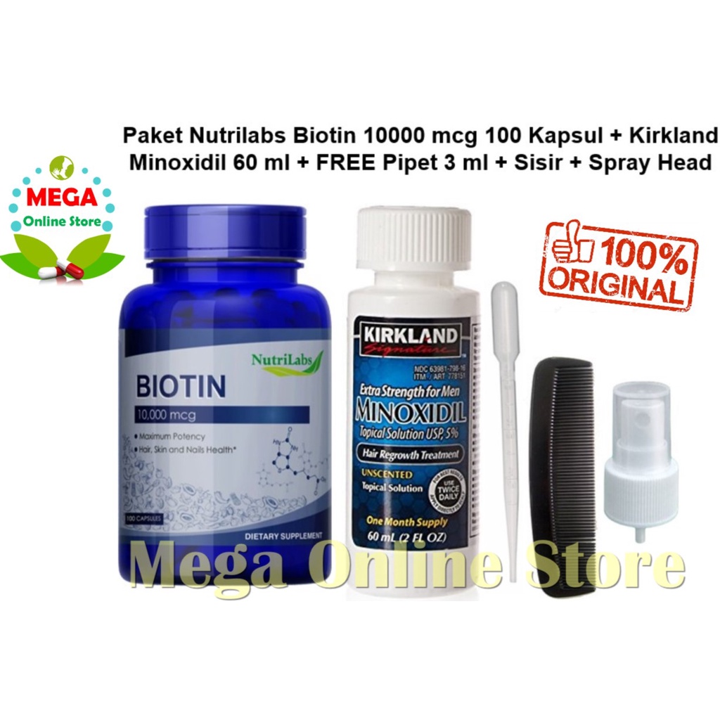 Paket Kirkland Minoxidil 60ml + Nutrilabs Biotin 10000 mcg USA