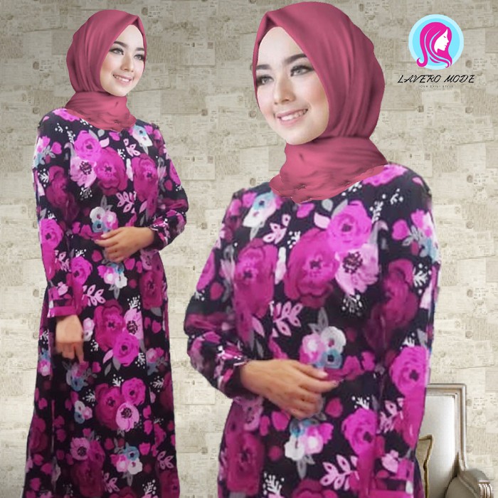 GAMIS KATUN HITAM MOTIF BUNGA PINK