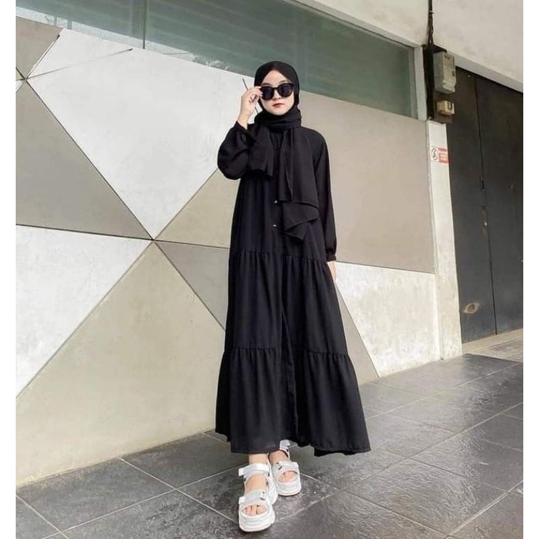 Dress Ootd hijab babydoll modis hitam dan putih fulang gading broken white ld 110 lady