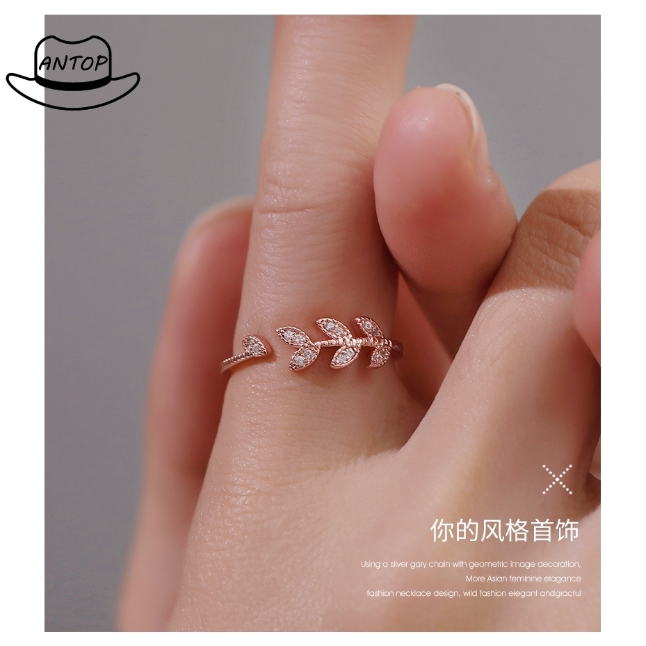 Antop！ Cincin Perak Crystal Daun Imitasi Wanita Zirkon Daun Pohon Sederhana Rings