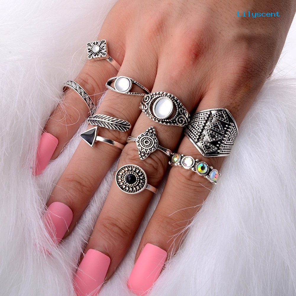 10pcs / Set Cincin Buku Jari Aneka Bentuk Gaya Boho Retro Untuk Wanita