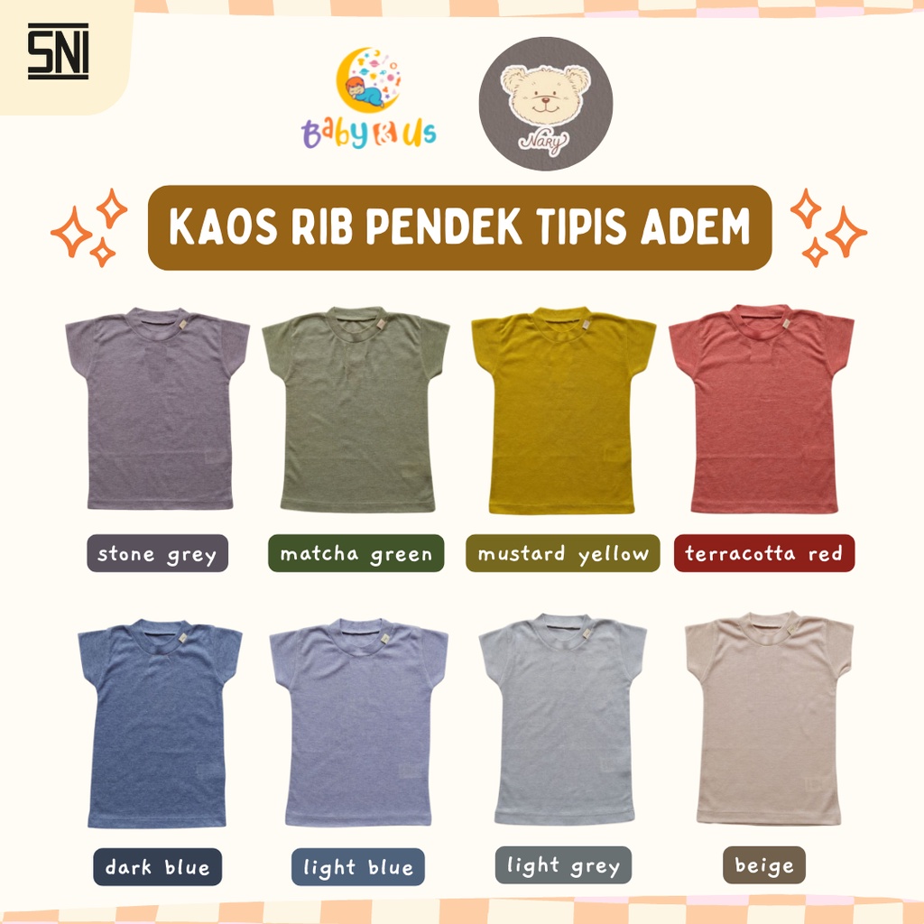 Nary Kaos Oblong Rib - Kaos Tipis Adem Lengan Pendek 0-3 3-6 bulan 1, 2, 3 tahun