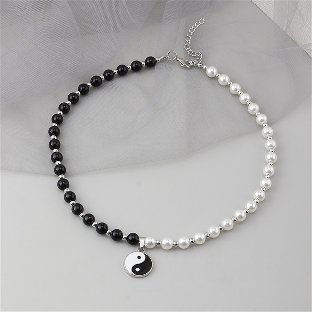 Tai Chi Gosip Yin Yang Liontin Hitam Putih Kalung Choker Pasangan untuk Pria dan Wanita