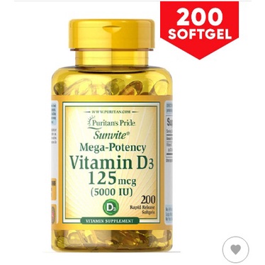 VITAMIN D3 5000 IU (125mcg) PURITAN’S PRIDE MEGA-POTENCY 200 SOFTGEL ORIGINAL USA