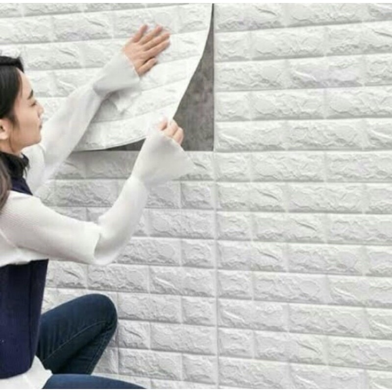 3D Wallpaper Dinding Batu Bata Putih Biru Batu Alam Abu warna lain