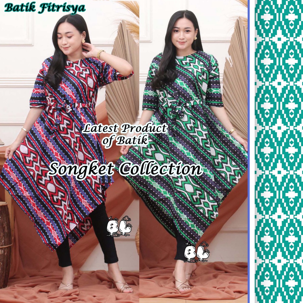 NEW Dress Songket & Tenun Model Lancip Ketupat Motif Songket Kupu Kupu Warna Ungu Hijau