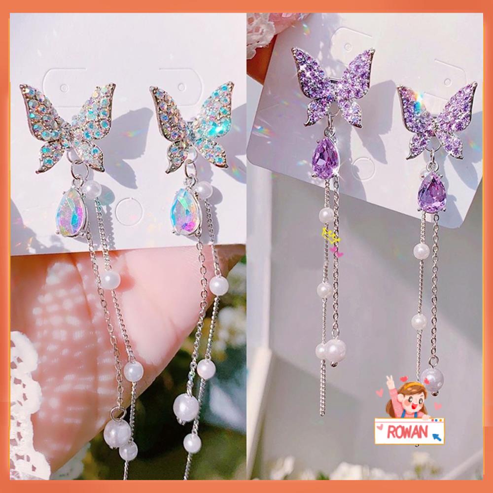 Anting Rantai Panjang Desain Kupu-Kupu Aksen Mutiara Warna Ungu Silver Untuk Wanita Butterfly