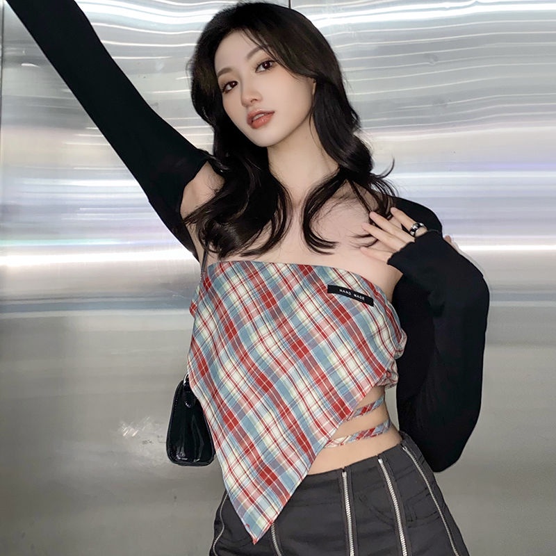 Suhao American top StyleC American style retro plaid tube top ultra-pendek luar lengan panjang t-shi