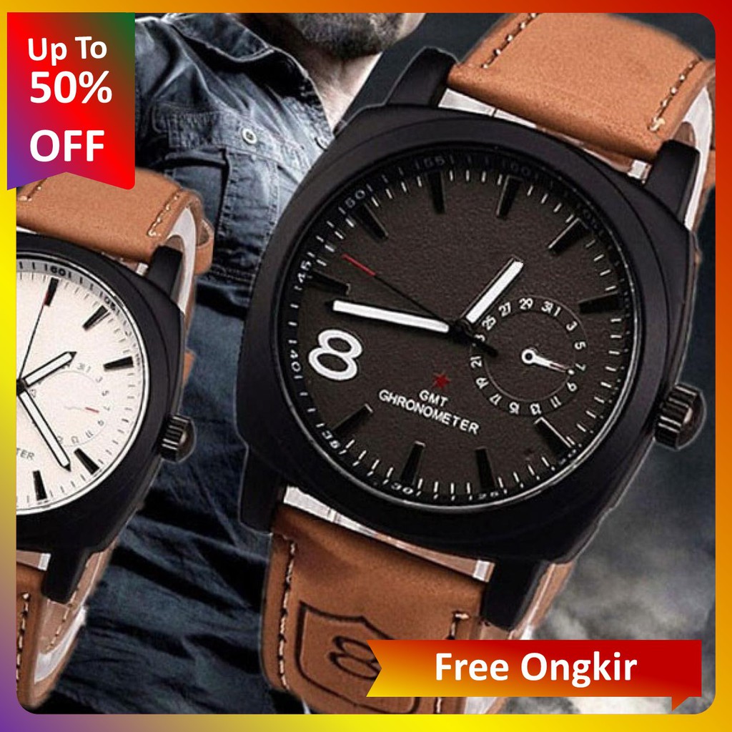 Jam Tangan Pria Warna Hitam Strap Kulit Unik dan Stylish Kaca Jam tangan jernih dan Waterproof