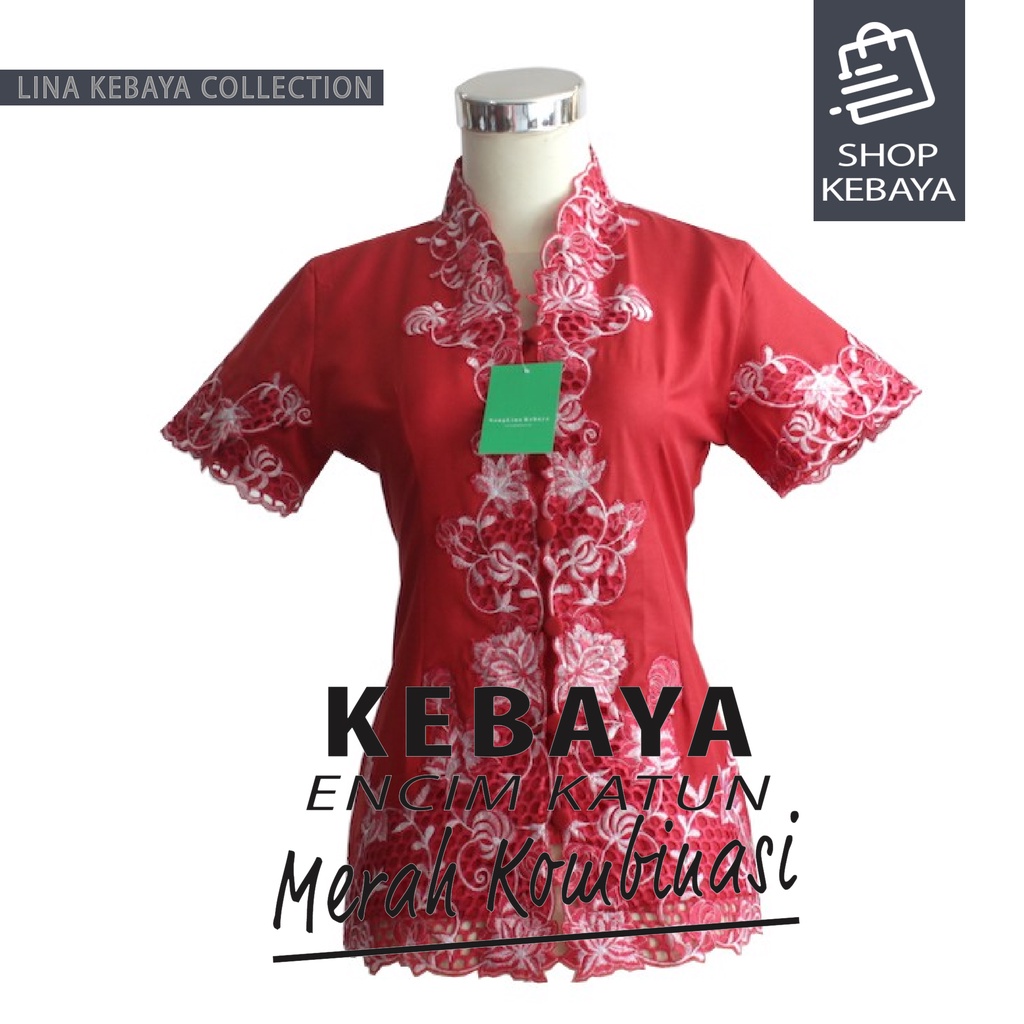Kebaya Encim Katun Modern Merah Amelia Kartini Katun Bordir Lengan Pendek