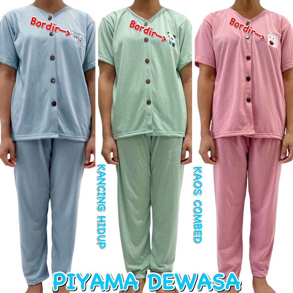 (1 KG MUAT 3 STEL) BAJU TIDUR DEWASA PEREMPUAN PIYAMA KAOS CP KANCING BORDIR