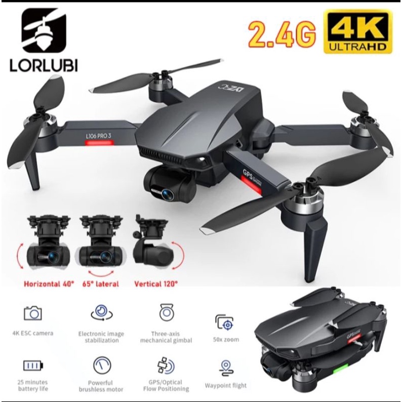 (GRATIS ONGKIR) DRONE LORLUBI L106 PRO 3 Drone 4K 3-Poros Kamera Gimbal Stabilisasi Diri GPS Profesi