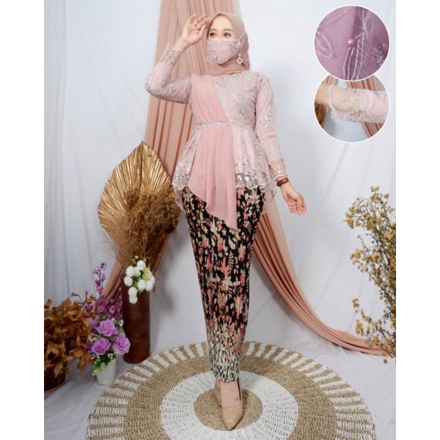 COD~SET KEBAYA MODERN AURORA TULLE SELENDANG/KEBAYA BROKAT/KEBAYA PESTA/KEBAYA WISUDA/TUNIK BROKAT-Set Rosegold