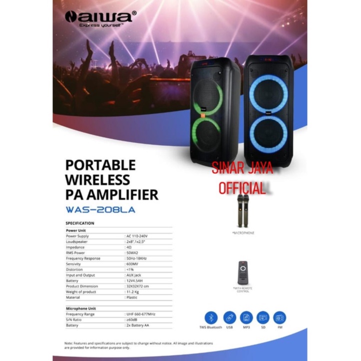 SPEAKER PORTABLE AIWA WAS 208LA DOUBLE WOOFER 2x8 inch ORIGINAL