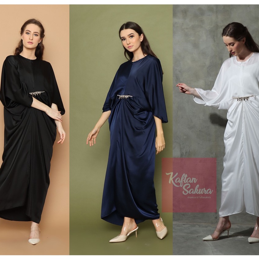 Kaftan Wanita Payet Bahan Satin Mewah Warna Navi Gamis Lebaran Terbaru Syari Kaftan Busui Navy Murah