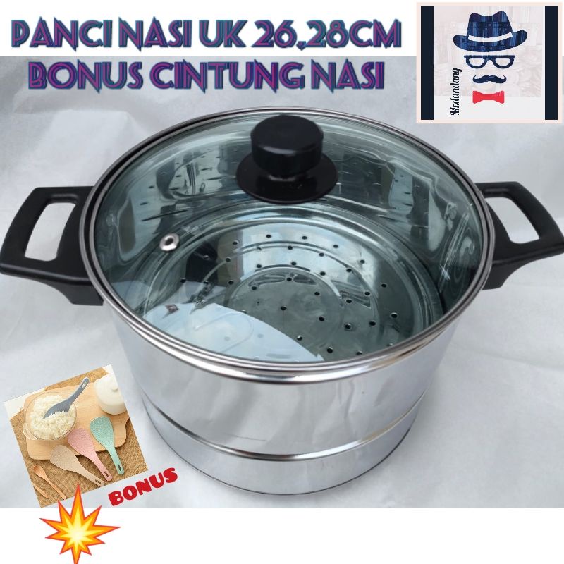 PROMO Dandang nasi tutup kaca 26,28cm bonus cintung nasi