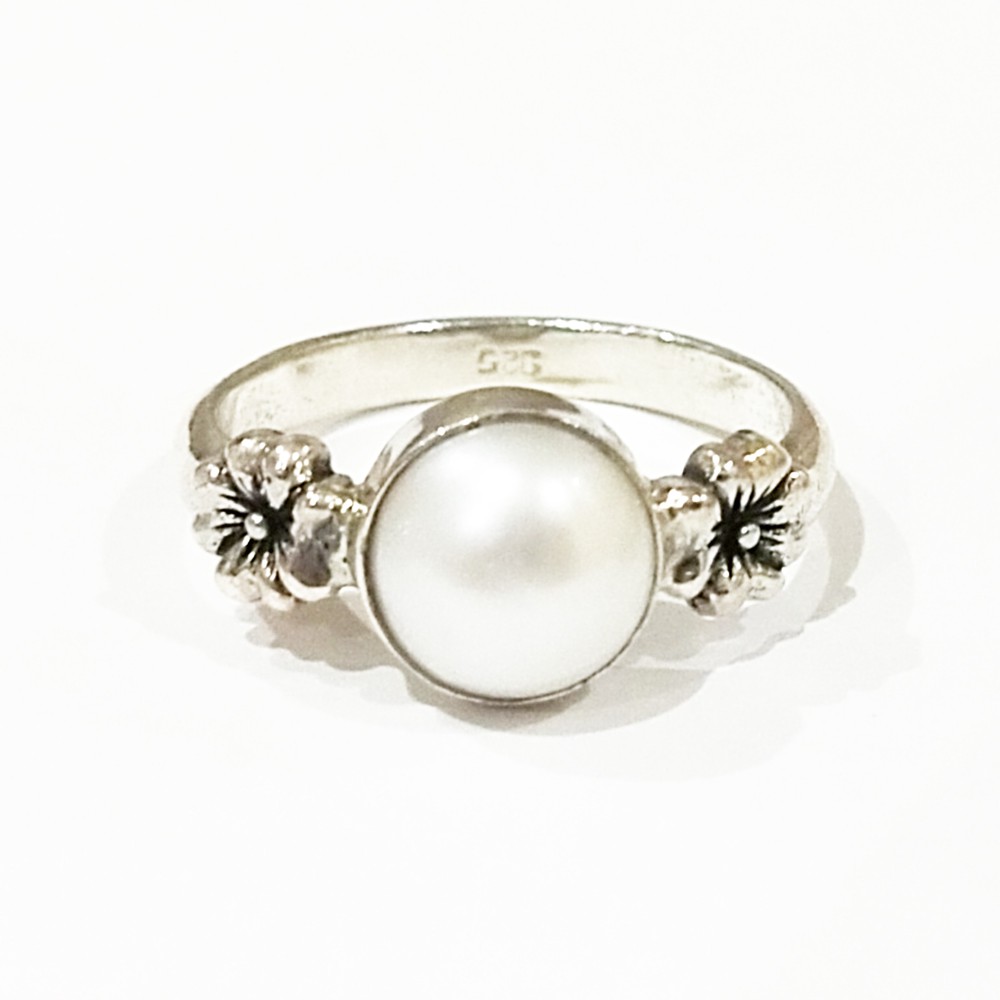 Cincin Ring Perak Silver Bali Ukir Polos Mutiara Pearl Putih 925 Bunga