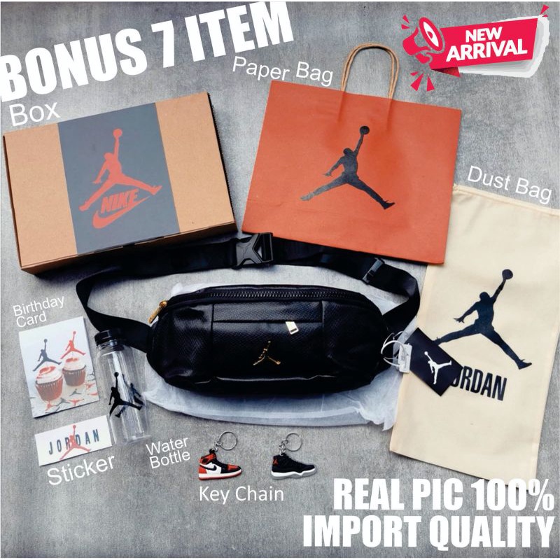 Waist Bag Pria Banyak Bonus Jordan Regal Leather Black Gold With Box &amp; Paperbag