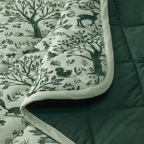 TROLLDOM Selimut quilt, pola hewan hutan hijau, 96x96 cm